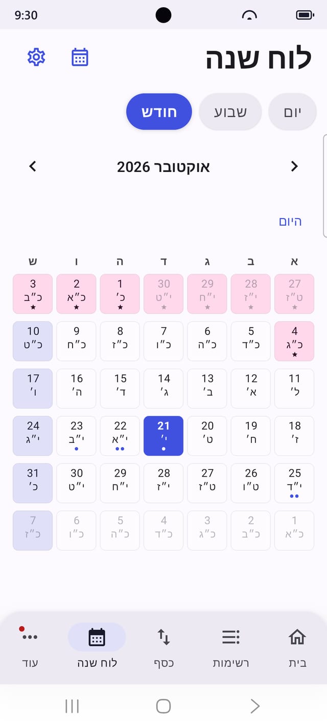 לוח שנה חודשי עם תאריך עברי וחגים