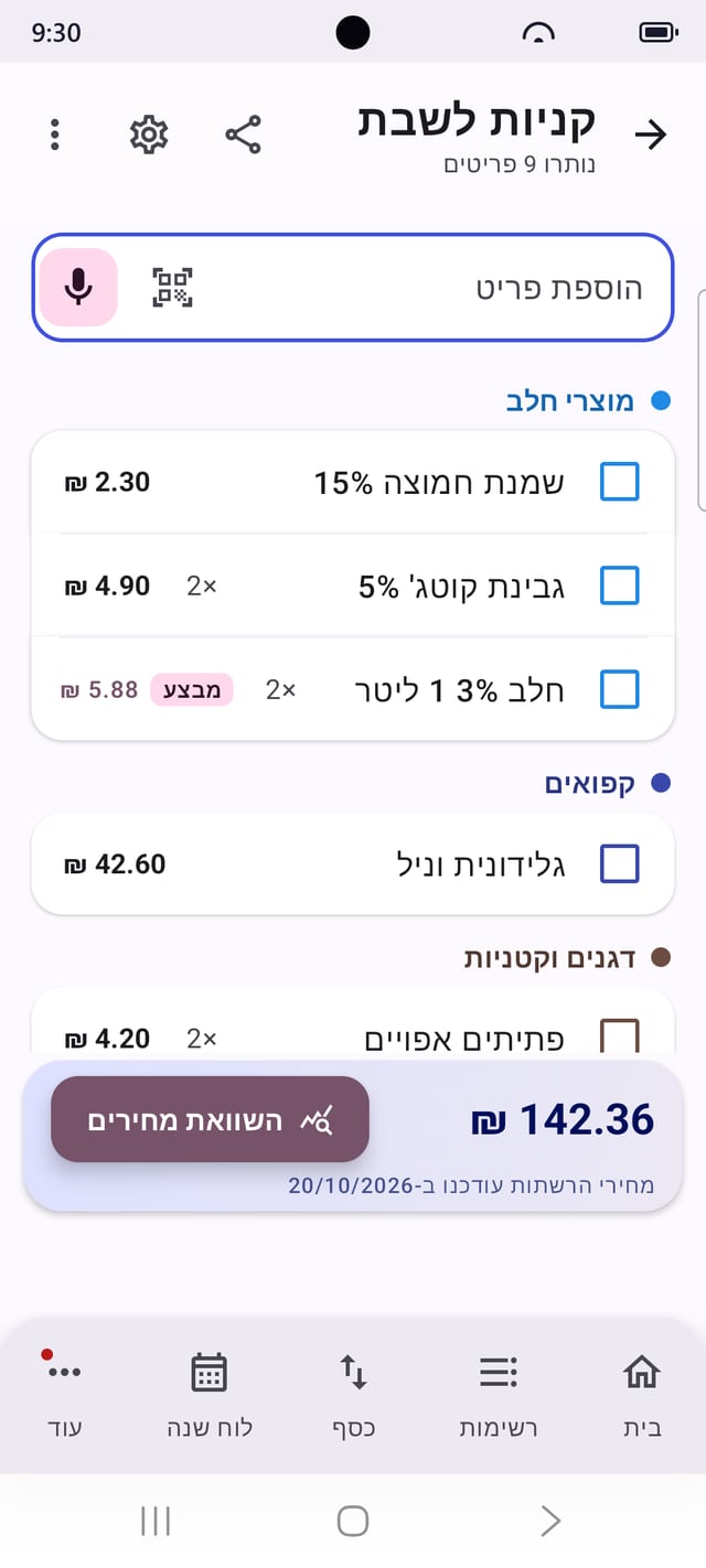 רשימת קניות עם מחיר ליד כל פריט
